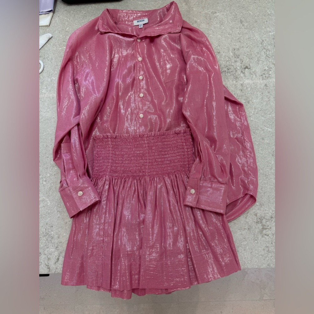 Kobi Halperin Shimmer Pink Long-Sleeve Smocked-Waist Dress